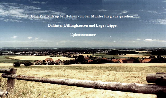 Dorf Wellentrup bei Helpup von der Münterburg aus gesehen. 
 
Dahinter Billinghausen und Lage / Lippe.

©photosommer