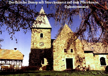 Dorfkirche Donop mit Storchennest auf dem Pfarrhause.
                                                    ©photosommer