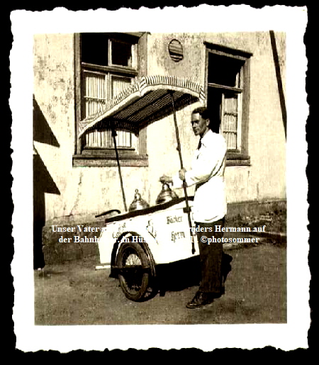 Unser Vater am Eiswagen seines Bruders Hermann auf 
der Bahnhofstr. in Hüsten ca. 1951 . ©photosommer
