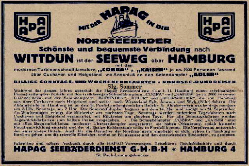 Amrum-Hamburg-Amrum : HAPAG - Seebäderdienst - Werbung , Schiffe 