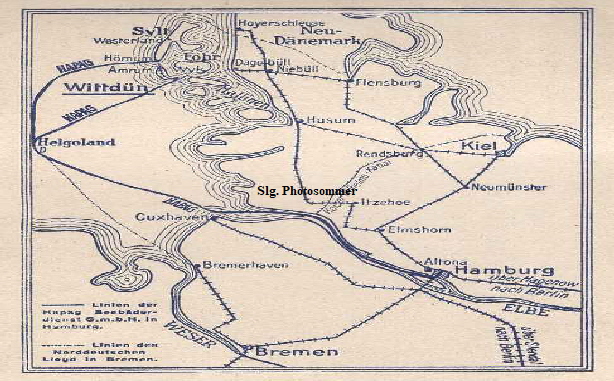 Amrumreise1928: Karte zeigt z.B. Route Hamburg-Helgoland-Wittdün/Amrum